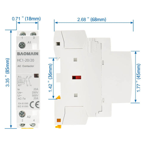 Front and side view of AC Contactor 230V 20A 2 Pole 2NO Din Rail Mount Magnetic Contactor with dimension details.