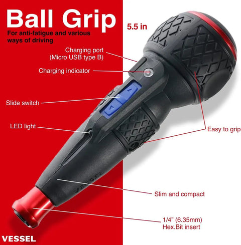 Two Way USB Powered And Manual Screwdriver with ball grip and hex bit insert, 5.5 in length, showing LED light and charging port