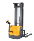No Sweat Full Electric Stacker Forklift with standing platform, 3300 lb capacity and 177 in max lift height, in gray and orange.