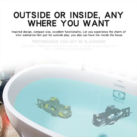 Ultra Compact 2.4GHz 6CH Mini RC Submarine with One Key Dive floating in a bathtub, showcasing indoor use.