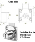Go-To Silver Cabinet Drawer Lock With 19Mm Hole Fits 17Mm-22Mm Door Panels Zinc Material diagram and lock dimensions shown