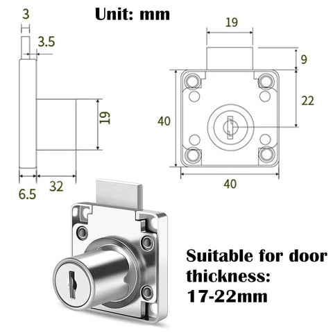 Go-To Silver Cabinet Drawer Lock With 19Mm Hole Fits 17Mm-22Mm Door Panels Zinc Material diagram and lock dimensions shown