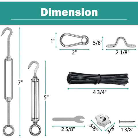 Dimensions and components of Heavy Duty Outdoor String Light Hanging Kit 200ft 304 Stainless Steel Wire Rope Tension Cable