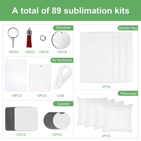 89Pcs Sublimation Blanks Kit For DIY Heat Press Projects Including Coasters, Keychains, Pillow Covers, and Garden Flags