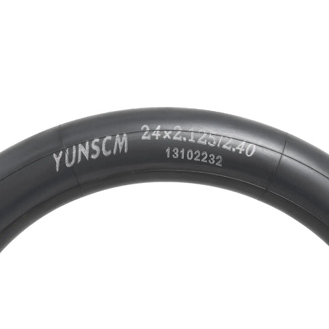 Close-up of Two Pack 24 Inch Bike Tubes 24x2.125 to 24x2.40 showing tire size markings on the butyl rubber tube.