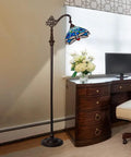 Tiffany Style Stained Glass Floor Lamp 62 Inch Tall With Blue Dragonfly Shade, Soft Ambient Light in home office.