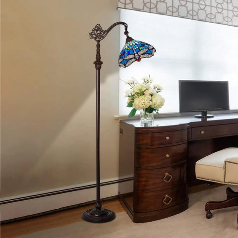 Tiffany Style Stained Glass Floor Lamp 62 Inch Tall With Blue Dragonfly Shade, Soft Ambient Light in home office.