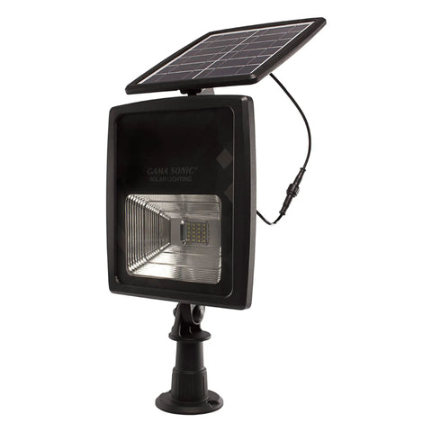 Outdoor Solar Flood Light in Black Cast Aluminum with Warm White 2700K LEDs, detachable solar panel, side view