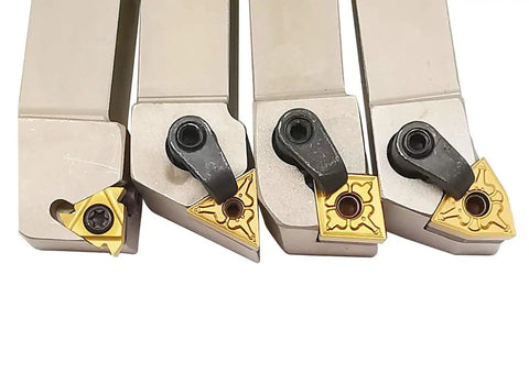 Beefed-Up 3/4 Inch CNC Lathe Tool Holder Set with Indexable Carbide Inserts TiN Coated for heavy-duty metal lathe work close-up.
