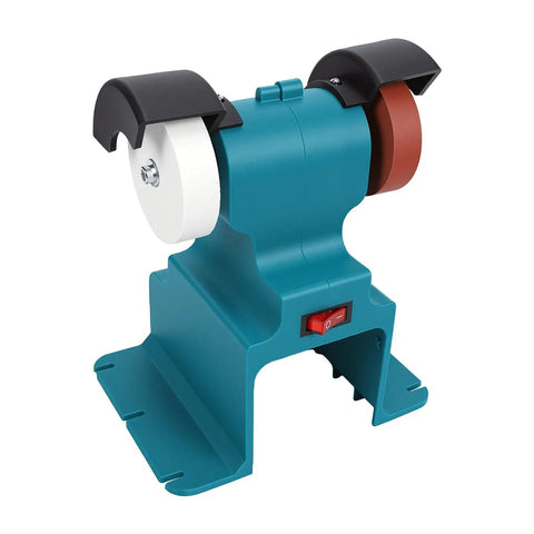 Jeffergarden Cordless Mini Bench Grinder With Two Wheels, compact electric sander with white and red wheels for sharpening.