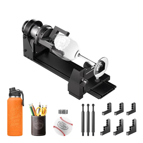 Ultra Versatile 4 In 1 Laser Rotary Chuck for engraving cylindrical objects like wine glasses, tumblers, and mugs with accessories