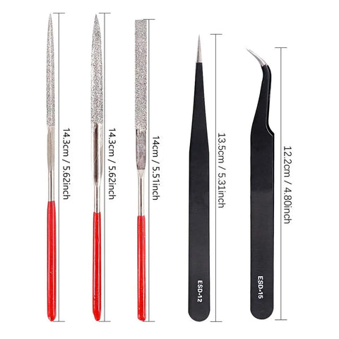 Set of files and tweezers from 44 Piece Gundam Model Tools Kit For Hobbyists showcasing precise lengths and measurements.
