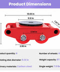 Heavy Duty 4 Pack Machine Skates For Moving Heavy Equipment In Warehouse With Silent Pu Wheels Non Marking And Strong Carbon Steel Frames Built Tough, showing dimensions and specifications.