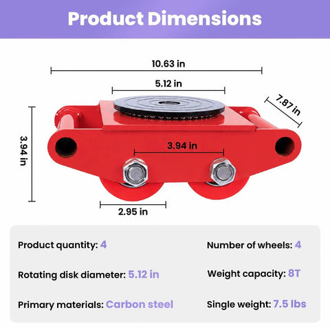 Heavy Duty 4 Pack Machine Skates For Moving Heavy Equipment In Warehouse With Silent Pu Wheels Non Marking And Strong Carbon Steel Frames Built Tough, showing dimensions and specifications.