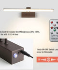 Wireless Picture Light With 5200mAh Battery And Remote Dope Bronze 16 Inch Metal Art Light with USB-C charger and remote control shown
