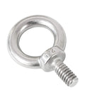 Close-up of 4 Pack 316 Stainless Steel One Quarter Inch UNC Eye Bolts With Shoulder Lifting Rings, marine grade and corrosion resistant.