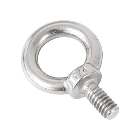 Close-up of 4 Pack 316 Stainless Steel One Quarter Inch UNC Eye Bolts With Shoulder Lifting Rings, marine grade and corrosion resistant.