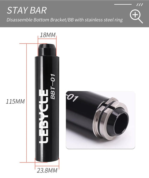 Two-piece bicycle bottom bracket press kit: black aluminum tool BBT-01, 115mm long, 18mm top dia, metal head