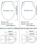 Diagram comparing elongated and round toilet seats with size dimensions and installation guidelines.