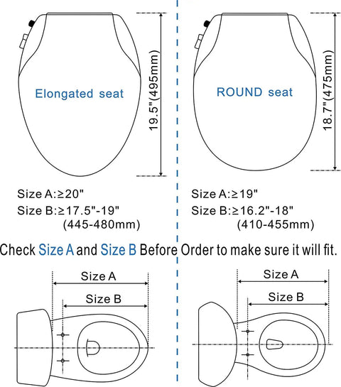 Diagram comparing elongated and round toilet seats with size dimensions and installation guidelines.