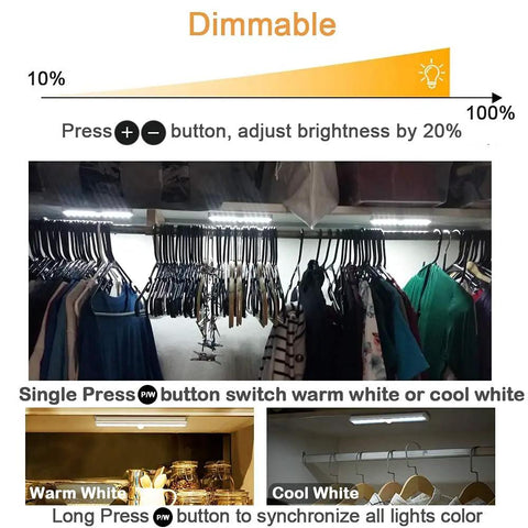 Dimmer feature of Six Pack Wireless Under Cabinet Lights With Remote Control No Fuss Dimmable 20 LED Rechargeable Strips in closets.