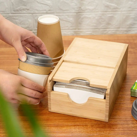 Spring Loaded Coffee Sleeve Dispenser For Homes And Restaurants Natural Bamboo Cup Sleeve Organizer with wide opening on table