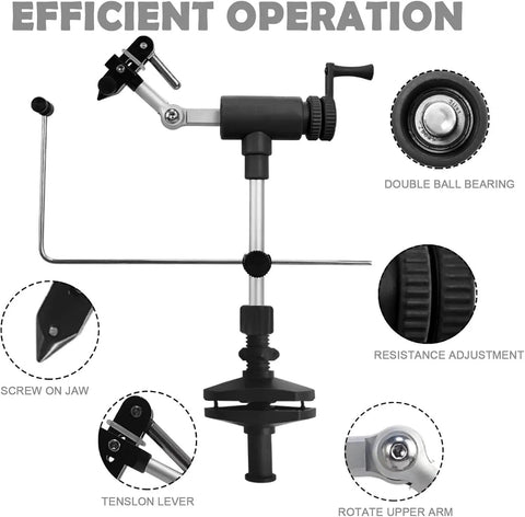 Top Shelf Rotary Fly Tying Vise With True Dual Bearing Spin And Heavy Duty Carbon Steel Jaws Rotates Dead Smooth Every Time So You Whip Up Legit Custom Flies Fast, showcasing adjustable features and sturdy components.