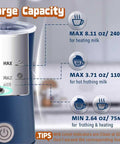 Two In One Milk Frother And Steamer, Quiet Electric Milk Warmer For Hot Foam And Steamed Milk, No Fuss At Home Cafe Barista, Fast Two To Three Minute Foam For Lattes Cappuccinos Macchiatos, Blue showing capacity details with large and small icons for milk levels.