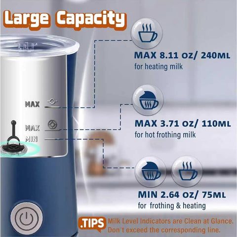 Two In One Milk Frother And Steamer, Quiet Electric Milk Warmer For Hot Foam And Steamed Milk, No Fuss At Home Cafe Barista, Fast Two To Three Minute Foam For Lattes Cappuccinos Macchiatos, Blue showing capacity details with large and small icons for milk levels.