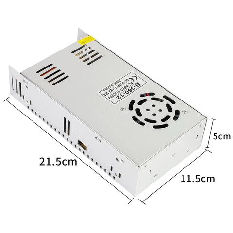 12V 30A 360W Universal Power Supply Adapter with dimensions for CCTV cams, PC builds, and LED strip lights.