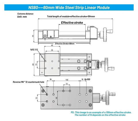 80mm Manual Digital Linear Slide Table Z Axis Screw Actuator For Industrial Use With Beefy Aluminum Housing IP54 IP65 Protection Front And Rear Mounting Brackets 24V DC High Efficiency Workhorse Motion System technical drawing of 80mm wide linear module