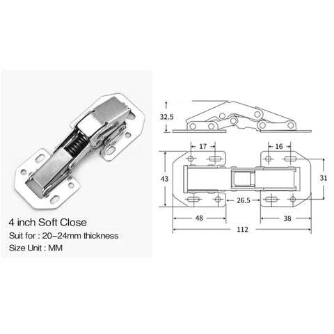 90 Degree No Drill Cabinet Hinge With Soft Close For Cupboard Doors, Hydraulic Hinges With Screws, Easy Install, 4 Inch Size Diagram