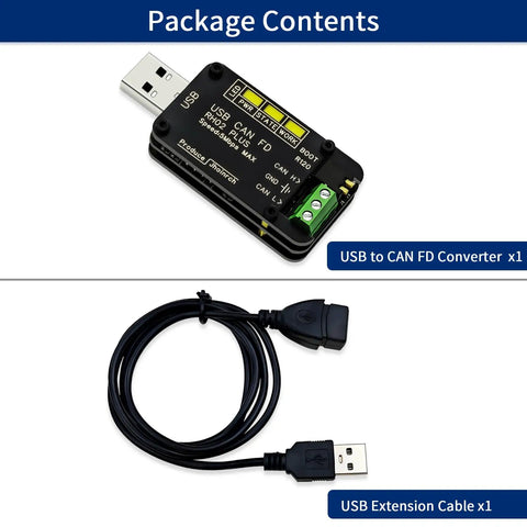 USB To CAN FD Converter Adapter With 2.0 CAN FD Support Fast 5 Mbps CAN Bus Monitoring And Debugging For Industrial Gear And Servo Motors Pro Grade USB Interface For Engineers. package contents: converter adapter and USB extension cable
