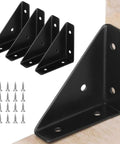 Set Of Four Heavy Duty Corner Brace Brackets With Screws For Reinforcing Furniture Cabinets Bookshelves And Tables Right Angle Shelf Supports, black steel, 2.6 inches, includes screws.