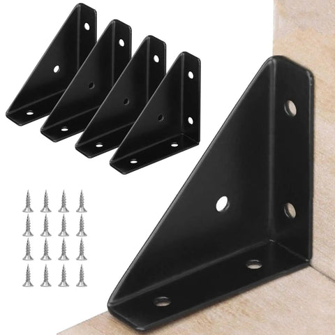 Set Of Four Heavy Duty Corner Brace Brackets With Screws For Reinforcing Furniture Cabinets Bookshelves And Tables Right Angle Shelf Supports, black steel, 2.6 inches, includes screws.