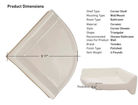 Bone Almond Glazed Ceramic Corner Shower Shelf, Large Size Bathroom Organizer, Glossy Finish, Tile Install Required