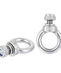 Four Piece Stainless Steel Lifting Eye Bolts M12x20mm In Silver Tone Built Beefy For Heavy Duty Hoisting And Rigging In Industrial Cranes Ports And Rail Yards 304 Grade Durable Design, two angles