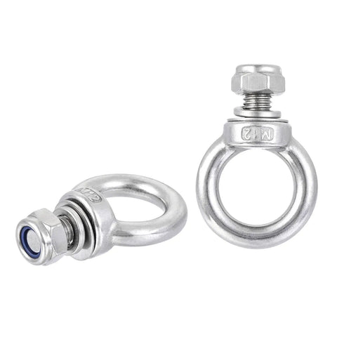 Four Piece Stainless Steel Lifting Eye Bolts M12x20mm In Silver Tone Built Beefy For Heavy Duty Hoisting And Rigging In Industrial Cranes Ports And Rail Yards 304 Grade Durable Design, two angles