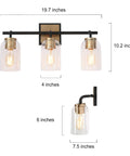 Black And Gold Modern Farmhouse Vanity Light With Copper Accent Socket And Back Plate Three Clear Glass Shades 19.7 Inch Bar