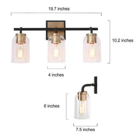 Black And Gold Modern Farmhouse Vanity Light With Copper Accent Socket And Back Plate Three Clear Glass Shades 19.7 Inch Bar