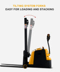 Tory Full Electric Pallet Stackers 1200 Lb Capacity With Tilt Forks, showing tilting system forks for easy loading and stacking.
