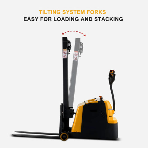 Tory Full Electric Pallet Stackers 1200 Lb Capacity With Tilt Forks, showing tilting system forks for easy loading and stacking.