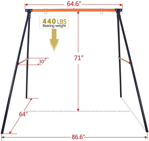 Built Tough Heavy Duty A Frame Swing Stand For Your Backyard With 440 Lbs Weight Capacity Durable Powder Coated Steel Frame Great For Hammock Chairs And Swing Sets, showing dimensions and weight capacity.