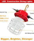 Close-up of rugged 100 foot construction string lights set, 150 watt total 15000 lumens, highlighting waterproof cage.