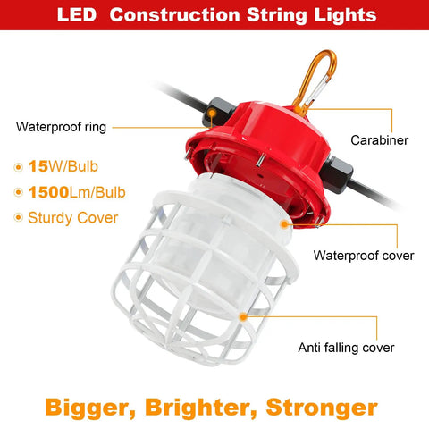 Close-up of rugged 100 foot construction string lights set, 150 watt total 15000 lumens, highlighting waterproof cage.
