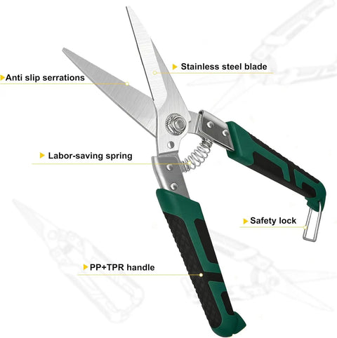 Workhorse Tin Snips Set With Straight And Curved Metal Cutter Shears Heavy Duty Stainless Steel Non Slip Serrated Blades For Quick Clean Cuts On Tin Aluminum Copper Cardboard And Roofing Metal For DIY Projects, stainless steel handles