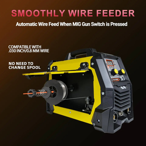 Side view of 250A 3-In-1 Multiprocess Welder For Flux Core MIG TIG And Stick Welding On 110V Inverter with wire feeder