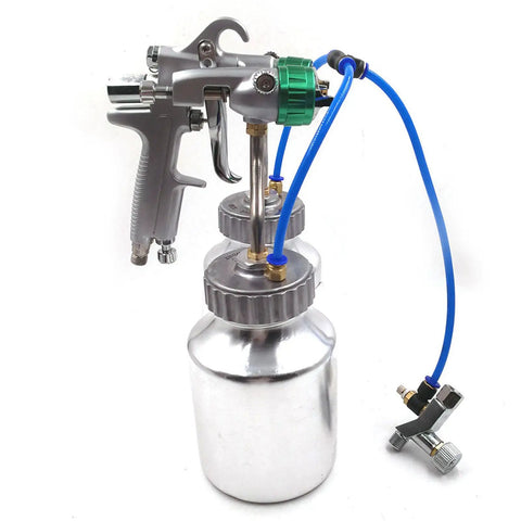 Pro Shop Dual Head Pneumatic Spray Gun, Heavy Duty Stainless Steel Pressure Fed Paint Sprayer, featuring two 1000ml pots and a sleek design.