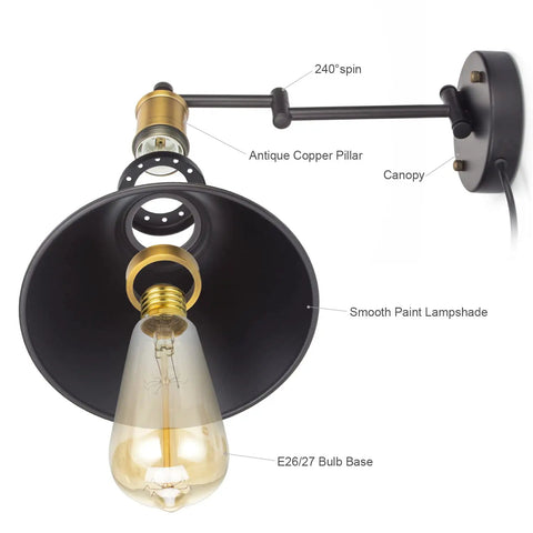 Adjustable Swing Arm Wall Sconce with Plug In Cord and On Off Switch, industrial bronze black finish, showing rotatable arm and light bulb socket.