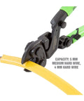 Beefy 8 Inch Heavy Duty Bolt Cutter With Induction Hardened Blades cutting yellow cable, focus on cutting jaws and capacity text